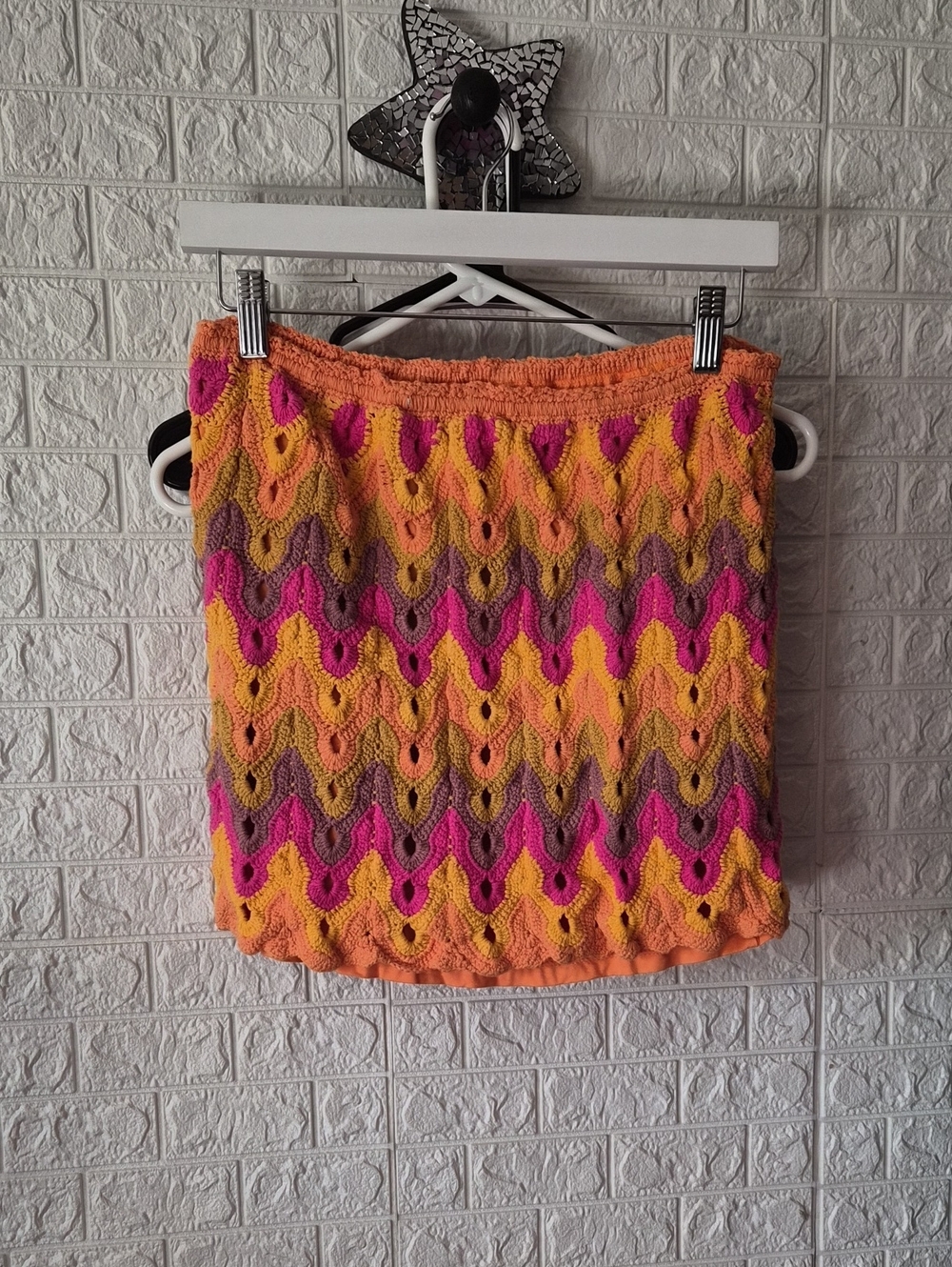 Crochet Chevron Knit Mini Skirt - Orange Pink Yellow Free people large